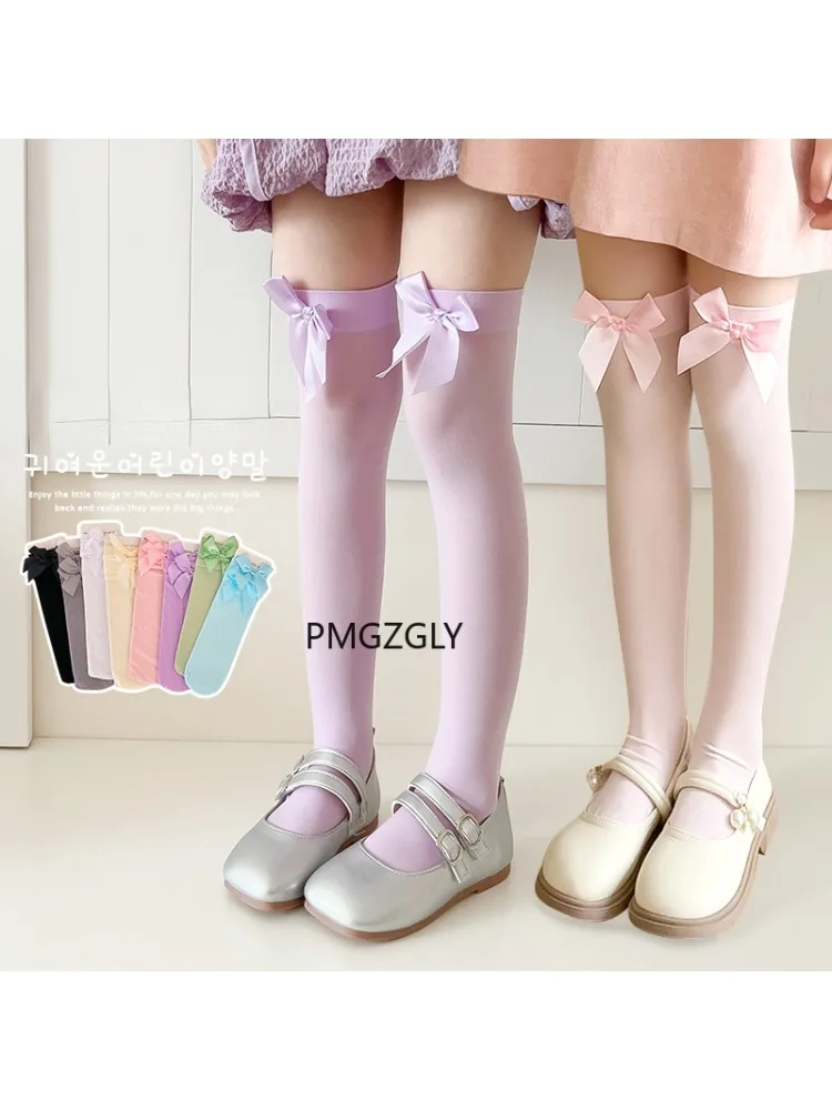 Thigh High Sock Stay Up - ถุงน่องเด็กผู้หญิง * ถุงเท้าเข่าโบว์สีชมพู Stay Up ต้นขาสูงถุงน่องผ้าไหมท่อสุภาพสตรี