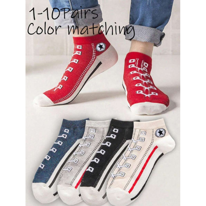 Ankle Sock Low Cut - ถุงเท้าข้อสั้นระบายอากาศได้ดี 5/10 คู่ หลากสี ทนต่อกลิ่น ถุงเท้ากีฬามีเชือกผูกมีสไตล์