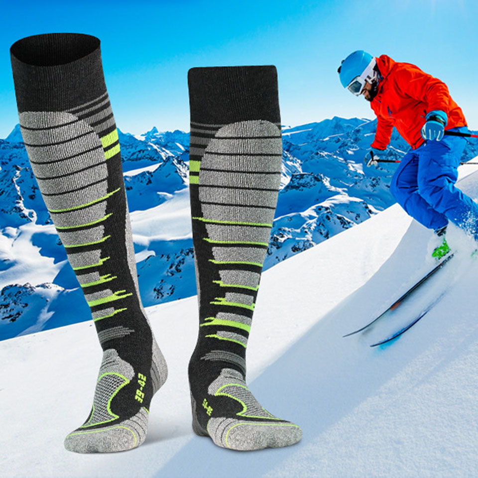 Wool Hiking Sock - ถุงเท้าสกีขนแกะเมอริโน่ใหม่ 1 คู่ ถุงเท้ากีฬากลางแจ้งแบบหนาพิเศษ ให้ความอบอุ่น ถุงเท้ายาวถึงเข่า
