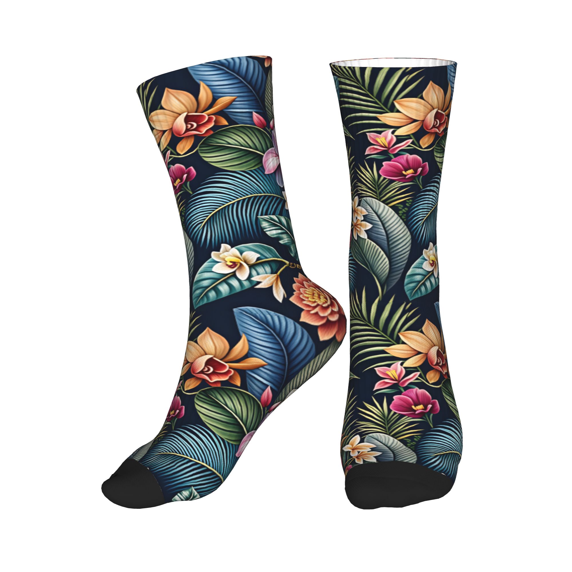 Dress Sock Men - ถุงเท้าลายดอกกล้วยไม้ 3 มิติ สไตล์วินเทจ โทนสีเข้ม สำหรับผู้ชาย