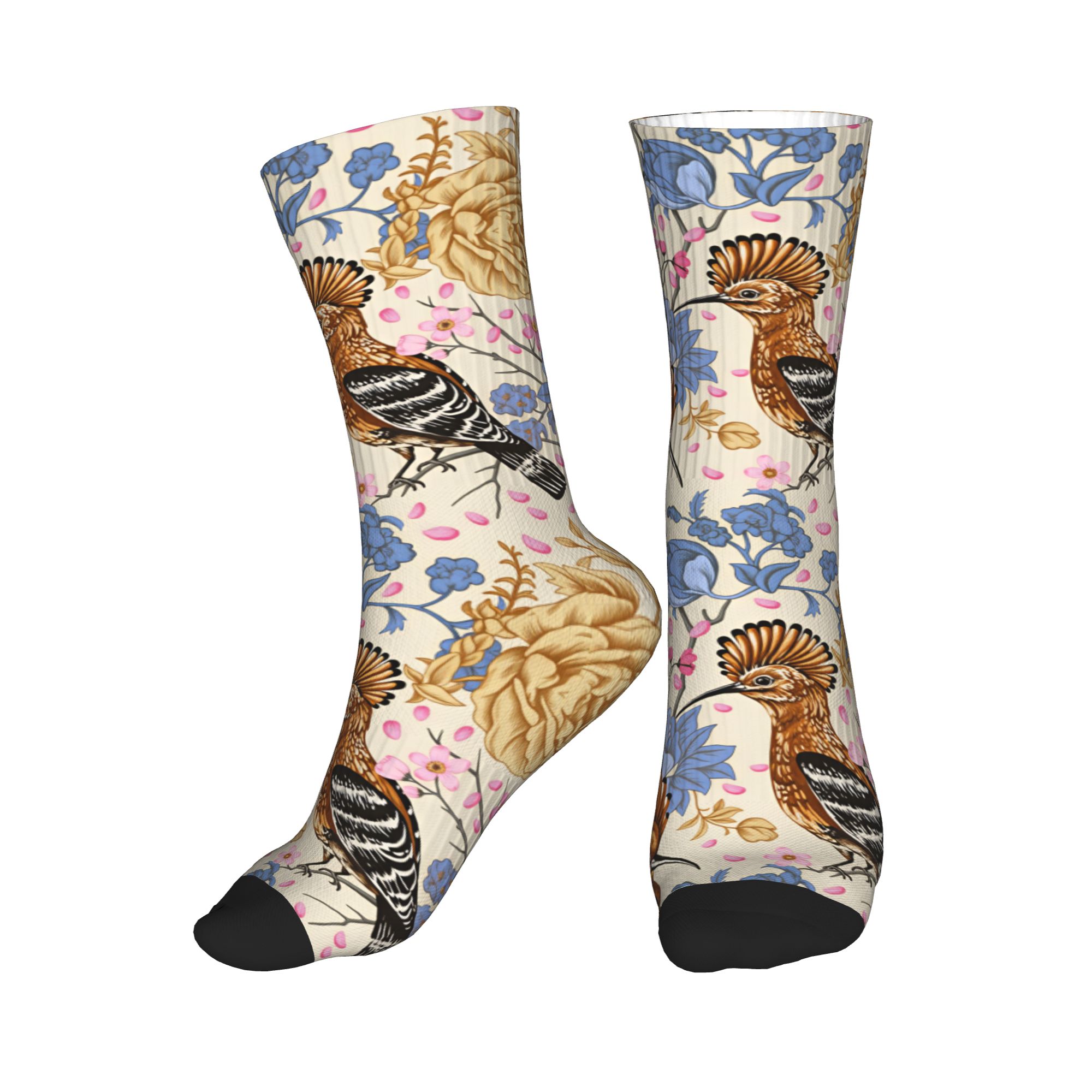 Dress Sock Men - Hoopoe Bird Blue Peony ถุงเท้าลายดอกไม้วินเทจ ถุงเท้าแฟชั่นสำหรับผู้ชายและผู้หญิง